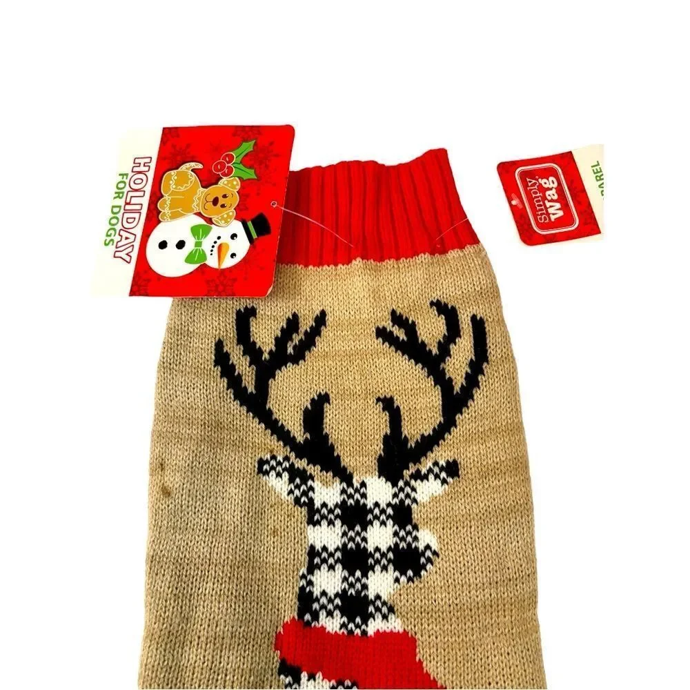 Simply Wag Red and Tan Dog Puppy Deer Holiday Sweater Size Small NWT
